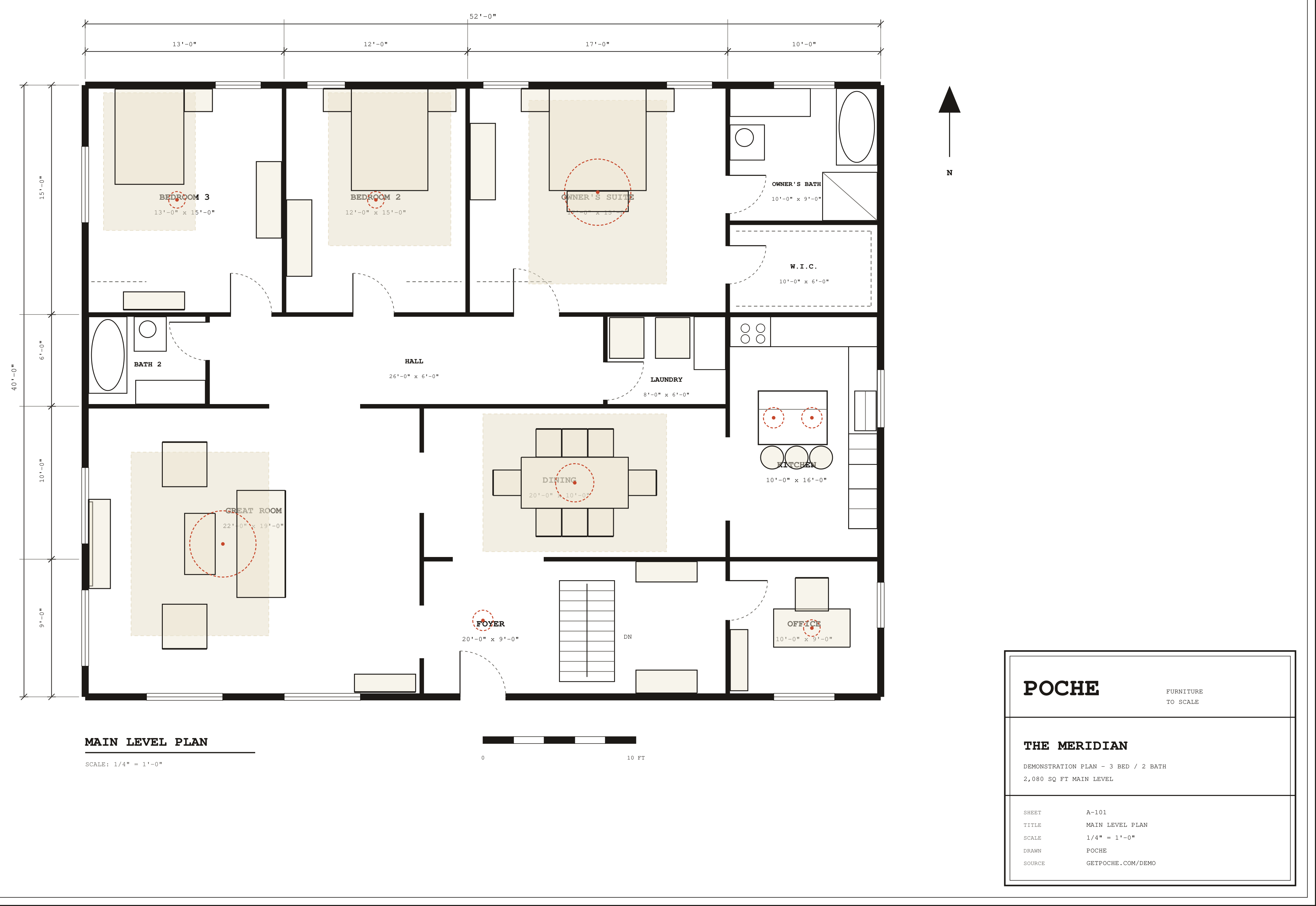 The Meridian demonstration floor plan: a 52 by 40 foot three-bedroom main level with furniture drawn to scale in every room — sofa, coffee table and armchairs in the great room, an eight-seat dining table, a king bed in the owner's suite, and a desk floating in the office.