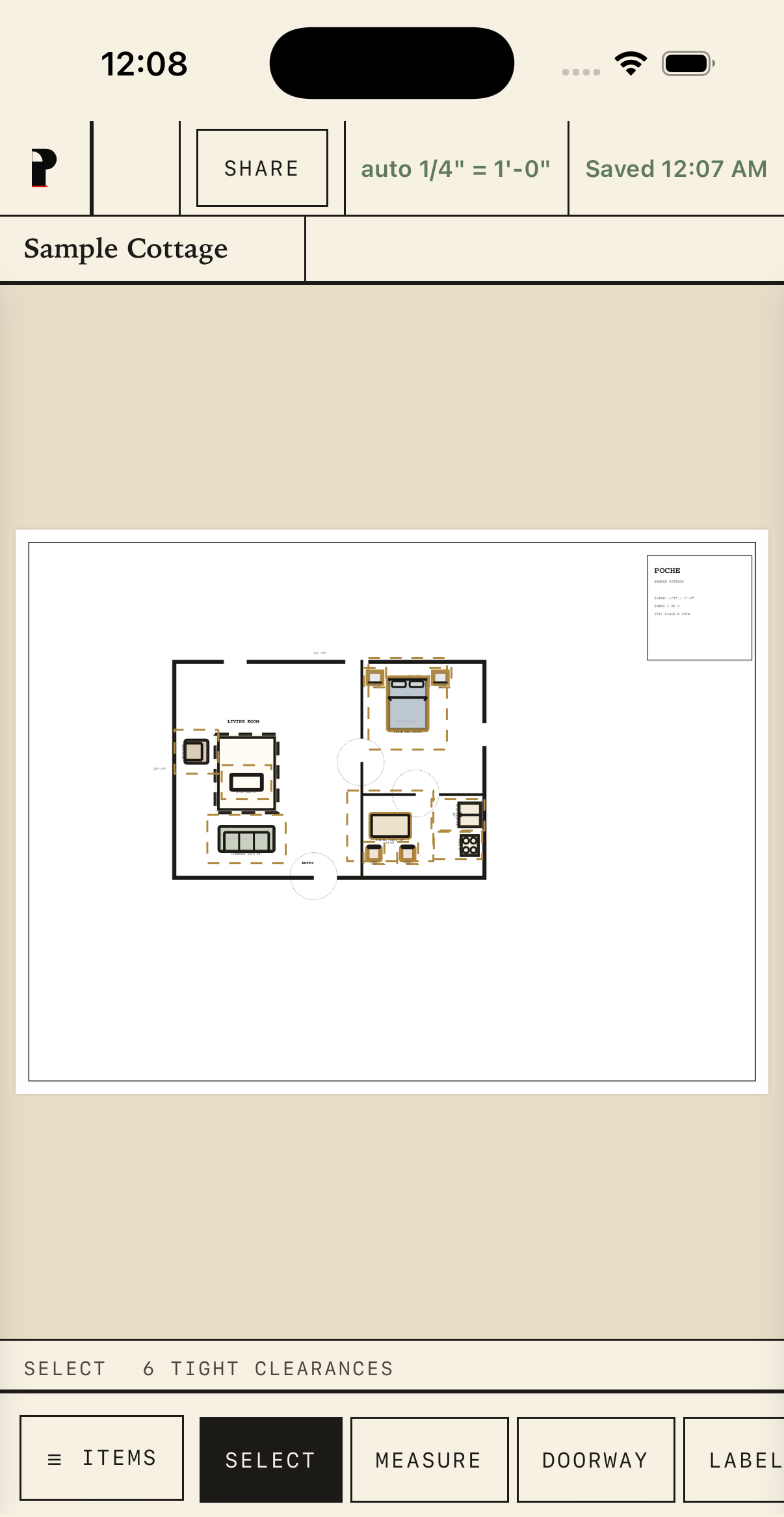 Poché running in Safari on an iPhone: the same furnished plan, live-synced